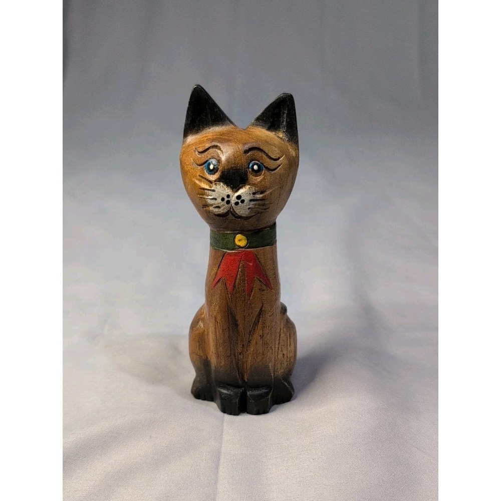 Vintage Wood Hand Carved Siamese Cat Figure Collectible Decor Good Luck Cat